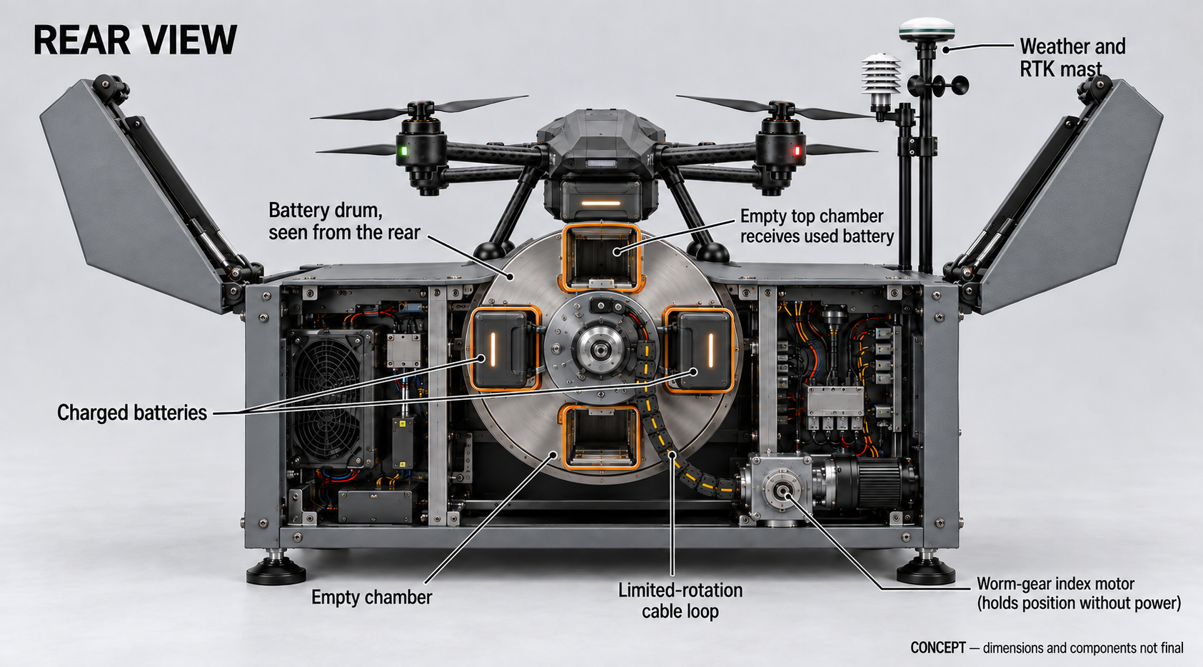 Rear three-quarter view of the sealed WATCHDOG Z-1T dock with ventilation, power input and raised feet — concept visualisation