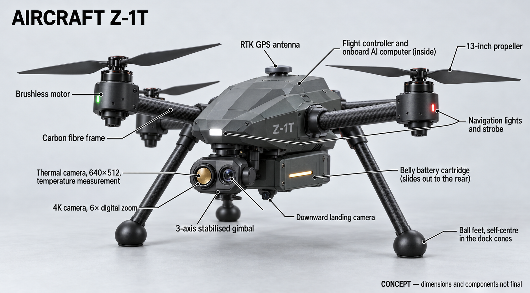 WATCHDOG Z-1T quadcopter with thermal and 4K camera gimbal, RTK GPS and precision landing camera — concept visualisation