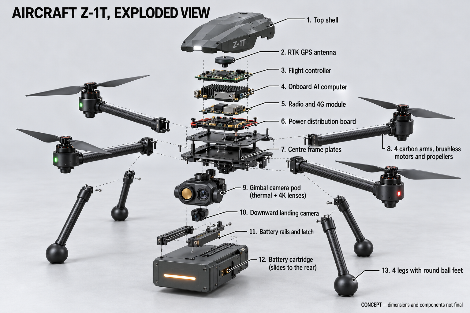 Exploded view of the WATCHDOG Z-1T aircraft showing shell, flight controller, GPS mast, battery tray, motors and gimbal — concept visualisation