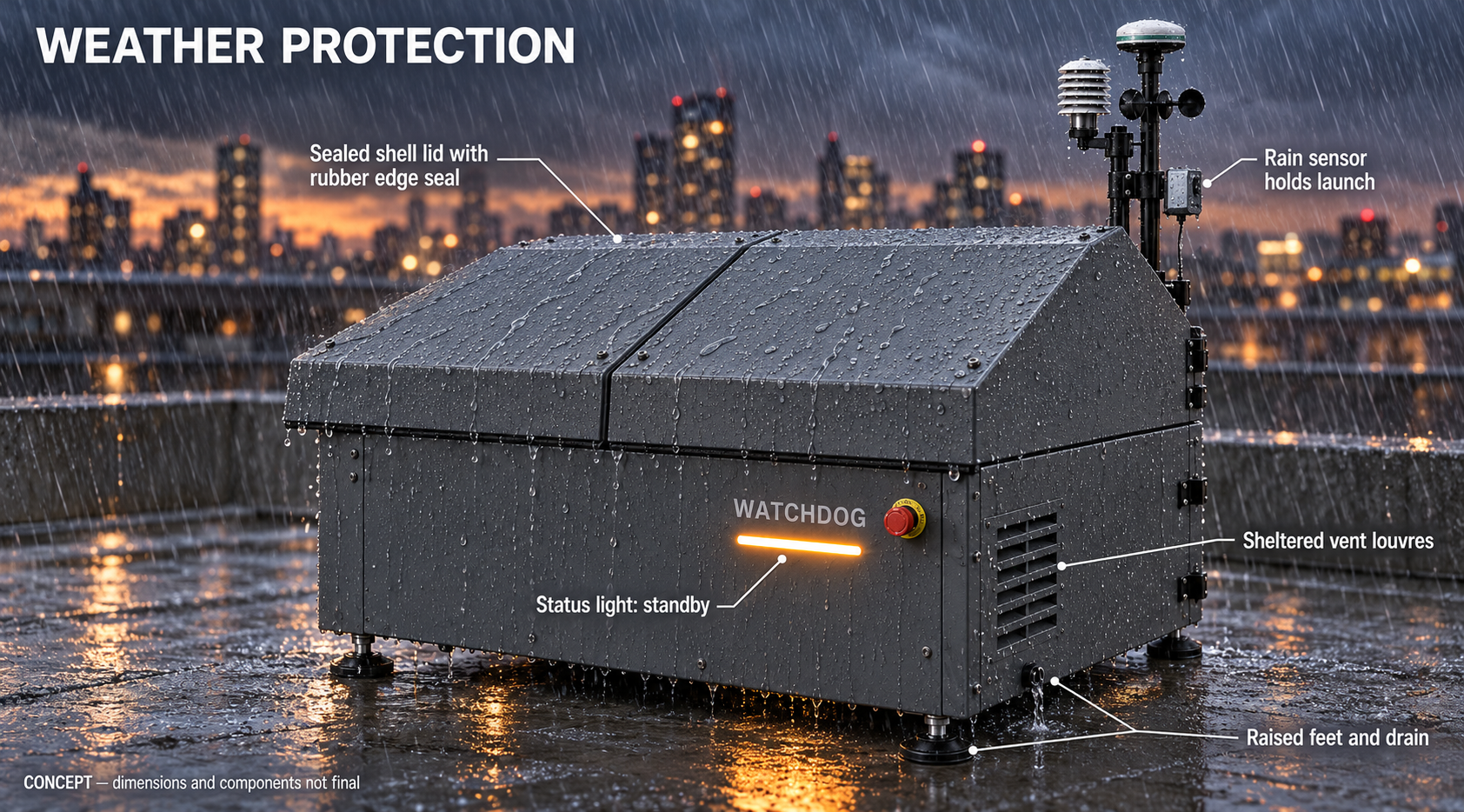 WATCHDOG Z-1T dock in heavy monsoon rain with sealed lid, raised feet and drain — concept visualisation